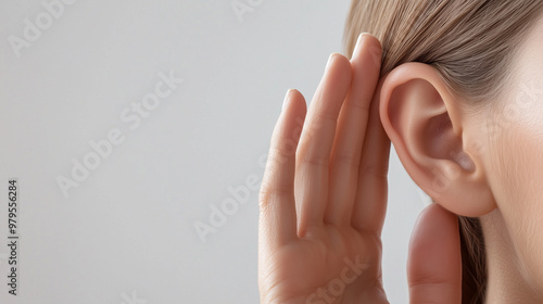 A close-up of a person’s hand cupping their ear, indicating active listening, attention, and communication skills, often associated with dialogue, understanding, and empathy.