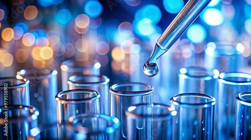 Vibrant and colorful close-up of laboratory test tubes with a liquid dropper Represents a scientific experiment conducted possibly in a medical or chemical laboratory setting