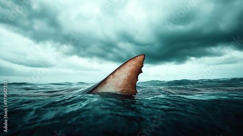 A shark fin protruding from the surface of the ocean under cloudy, stormy skies, indicating a sense of danger or suspense in a marine environment.