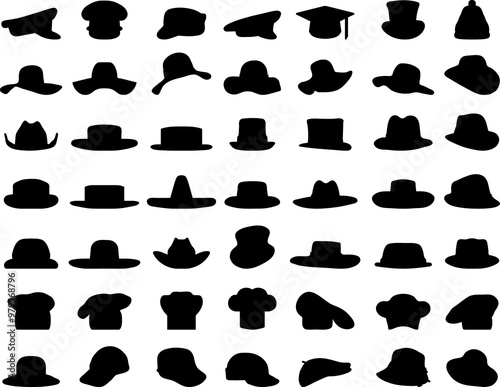 Black silhouettes of various caps and hats