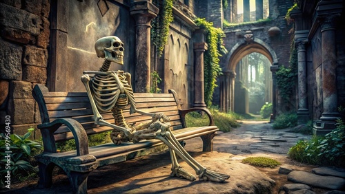 Spooky skeleton lounges on worn stone bench, patiently awaiting unknown fate amidst eerie, dimly lit, abandoned atmospheric setting with crumbling ancient architecture.