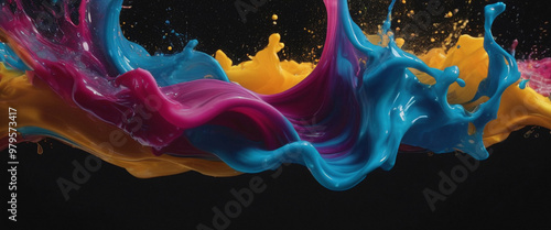 Liquid splash floating colorful, color splash in rainbow colors isolated on black background