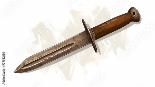 A bayonet with a wooden handle, military weapon, soft sepia tones, isolated on white background. Sepia Tones. Illustration