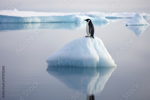 A penguin standing on melting ice berg outdoors nature animal.