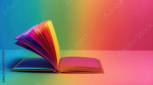 An open pastel rainbow book with empty pages, its radiant multicolored sheen highlighting themes of creativity and prestige, ideal for sophisticated and upscale visual projects.