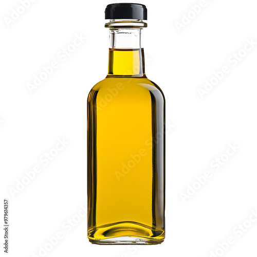 Tall rectangular glass bottle containing light yellow cooking oil with a black screw top lid