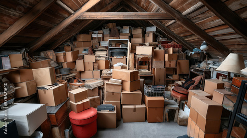 Crowded attic filled with stacked cardboard boxes, various furniture items, and miscellaneous household objects in a wooden interior with a pitched roof.