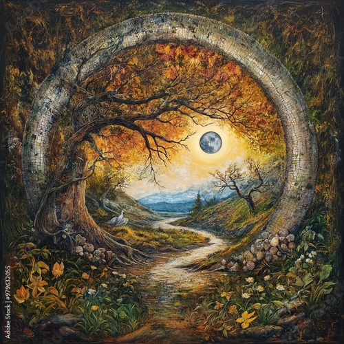 Fantasy landscape painting, mystical forest path, surreal moonlit scene, artistic nature, enchanting scenery, imaginative art, fantasy concept, autumn equinox day