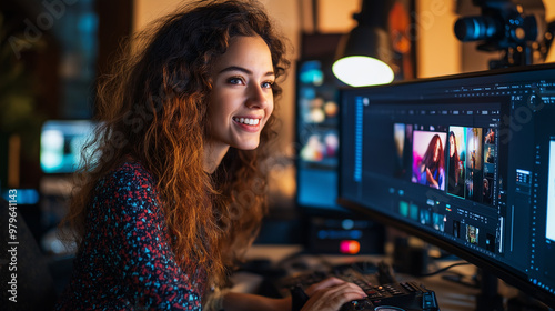 Young woman is smiling while editing video content for her subscribers