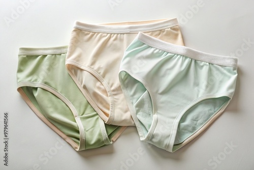 Three pairs of soft, pastel-hued women's slip-on briefs in beige, milky green, and white lie arranged on a pristine white table, empty space around them.