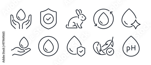 Hypoallergenic, cruelty free and dermatologically tested editable stroke outline icons set isolated on white background flat vector illustration. Pixel perfect. 64 x 64