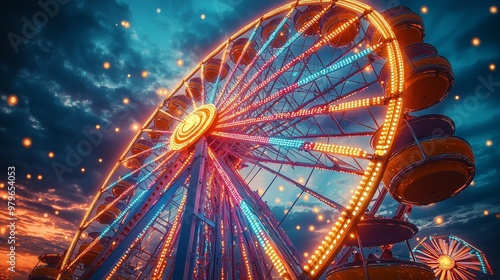 A vibrant Ferris wheel glows against a dramatic sky during a nighttime carnival, with colorful lights illuminating the scene.