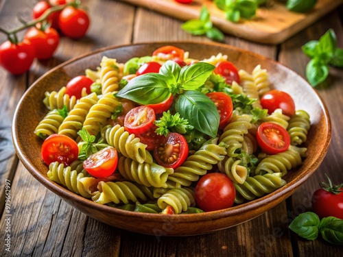 Vibrant Italian-inspired dish featuring whole wheat fusilli pasta twirled with creamy Genovese pesto, topped with sweet cherry tomatoes and fresh basil leaves.