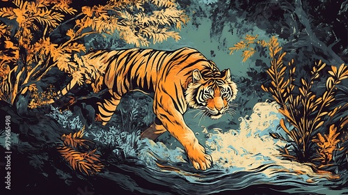 A vibrant illustration of a tiger walking through a lush environment near water.