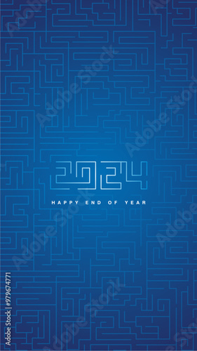 2024 Happy end of Year Greetings. 2024 template for Stories and Reels. Social media template cover with cyberspace high tech typography, on blue maze ornament background