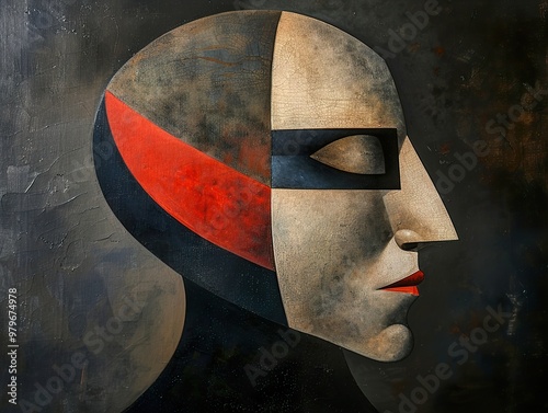 Abstract Portrait: Geometric Face in Red, Black, and White