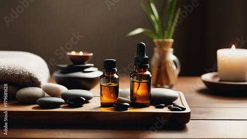 Aromatic essential oils in glass bottles on wooden tray with stones and candles in cozy spa setting with copy space