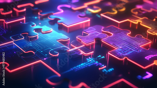 API integration concept with neon puzzle pieces interlocking on a futuristic digital background, emphasizing smooth connectivity and system interoperability