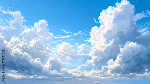 B'large white and gray cloudscape with blue sky and wispy clouds below'. Shadowy. Illustration