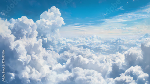 B'large white and gray cloudscape with blue sky and wispy clouds below'. Shadowy. Illustration