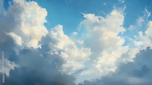 B'large white and gray cloudscape with blue sky and wispy clouds below'. Shadowy. Illustration