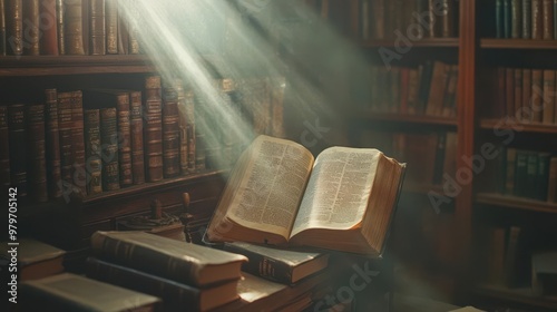 A Bible on a bookshelf surrounded by old spiritual texts, bathed in a soft, holy light