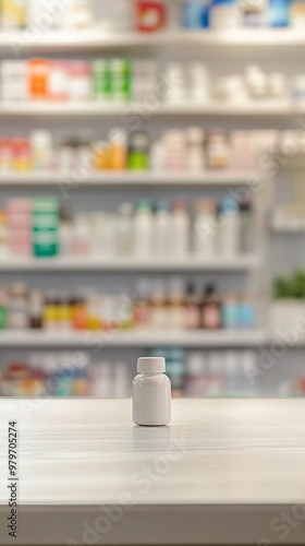 White medicine bottle on pharmacy counter, blurred background of shelves stocked with various medications and healthcare products.