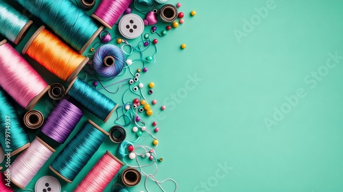  A collection of spools of thread adjacent to one spool of thread and another