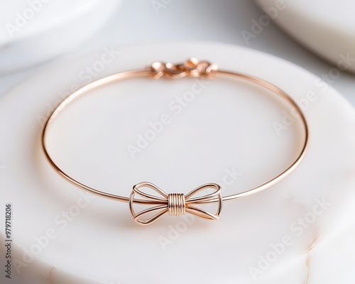 Thin wire bracelet with minimalist bow detail, displayed on white textured background for clean look