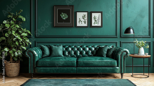 Elegant emerald green living room with a tufted sofa.