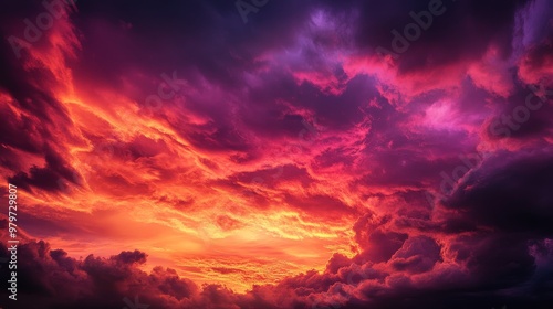 A captivating sunset sky, ablaze with vibrant hues of orange, red, and purple, creating a dramatic and awe-inspiring spectacle. The clouds dance across the canvas, symbolizing energy, passion, transfo