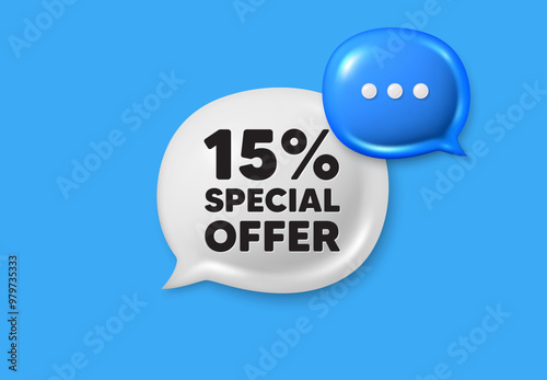 15 percent discount offer tag. Text box speech bubble 3d icons. Sale price promo sign. Special offer symbol. Discount chat offer. Speech bubble banner. Text box balloon. Vector