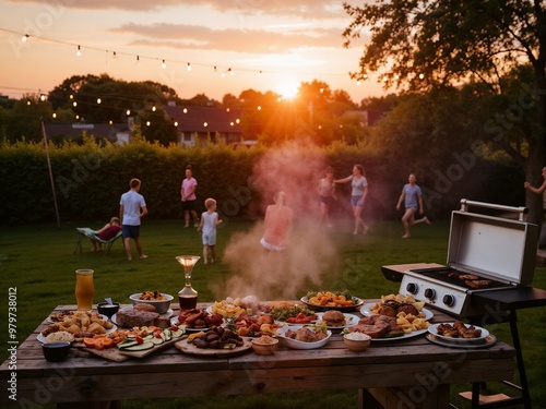 A lively scene of a family enjoying a delicious barbecue in their backyard. The sun is setting, creating a beautiful ambiance while children play and food is being grilled.