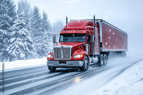 Winter Scene with Red Truck Driving. A red truck driving on a snowy road in winter. Suitable for logistics, transportation themes, or winter events.