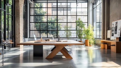 hyper modern tables in perpendicular and grid formation office layout large windows set design tech company