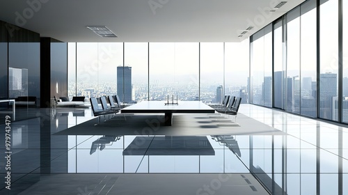 hyper modern tables in perpendicular and grid formation office layout large windows set design tech company