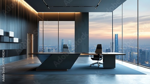 hyper modern tables in perpendicular and grid formation office layout large windows set design tech company