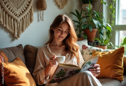 A serene woman sits comfortably in a cozy home setting with warm lighting, reading a book and sipping coffee, capturing the essence of relaxation and leisure.