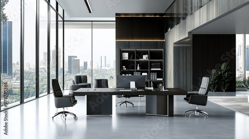 hyper modern tables in perpendicular and grid formation office layout large windows set design tech company