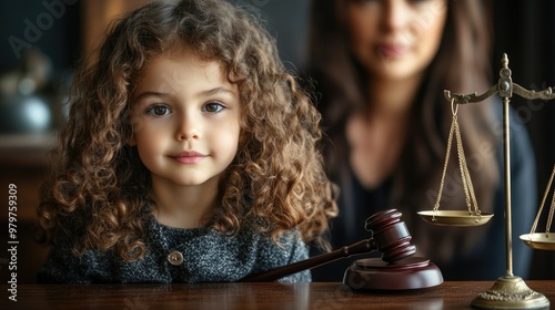 Cute child and mother at table with gavel of judge blurred in background, family law concept