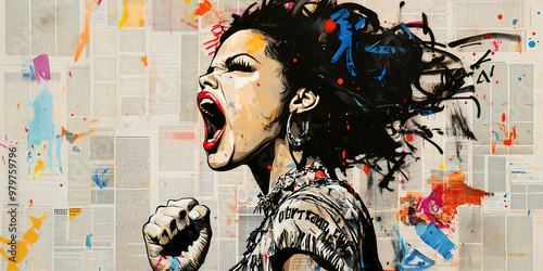 Woman screaming for rights equality, rebel fighting spirit, urban street art graffiti collage