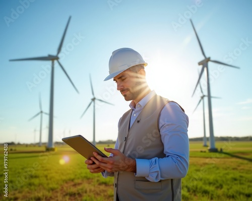 an engineer in a white helmet with a tablet in his hands against the background of wind farms