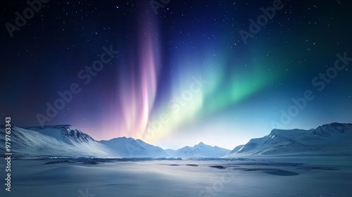 Antarctic night, polar aurora, colorful southern lights display.