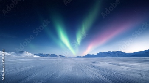 Antarctic night, polar aurora, colorful southern lights display.