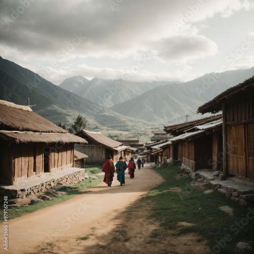 Traditional villagers walking along a dusty path in a rustic mountain landscape