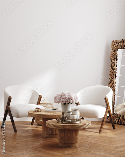 Wall mockup in modern interior, white room with contemporary furniture, 3d render