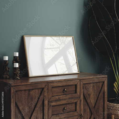 Mock-up frame standing on commode in dark green home interior close up, 3d render