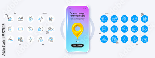 Phone mockup with 3d map pin icon. Shoulder strap, Euro rate and Equity line icons. Pack of Stress grows, Checked file, Justice scales icon. Cash back, Video conference, Approved pictogram. Vector