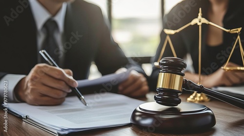 A lawyer is reviewing legal documents with a gavel and scales of justice, symbolizing law and legal proceedings.