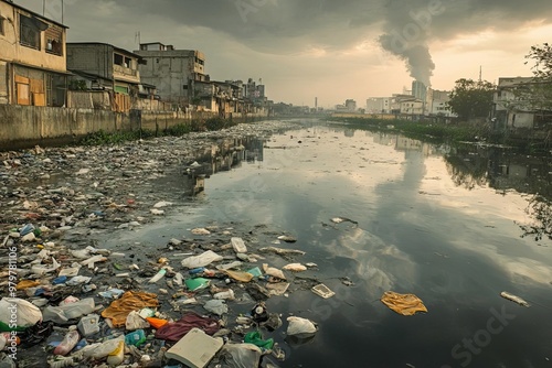 A polluted river reflects the impact of urban waste and industry, highlighting environmental degradation and the need for action.